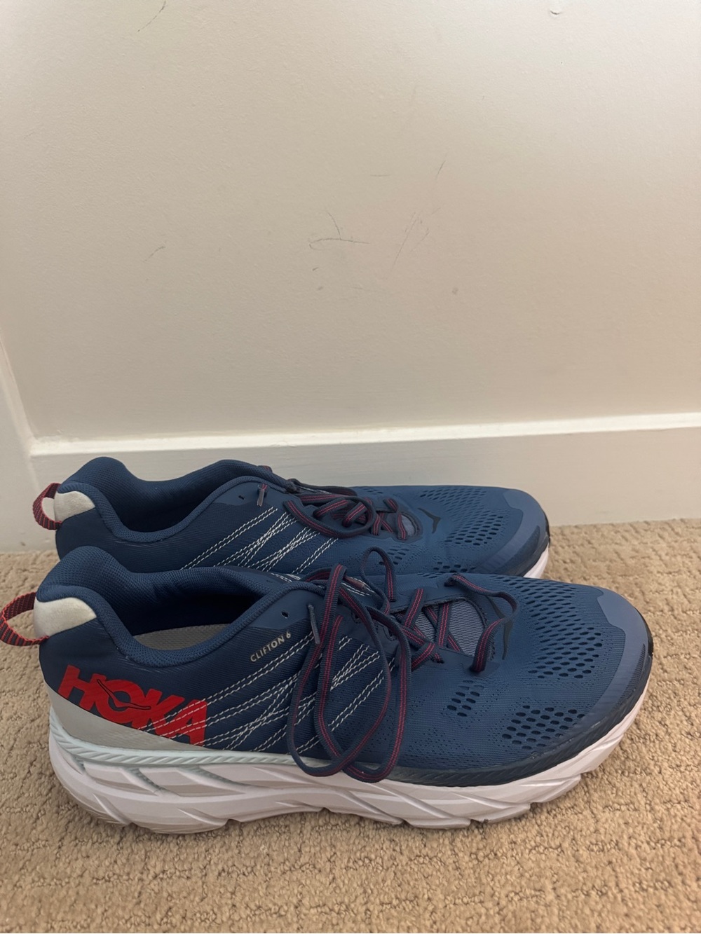 Hoka Clifton 8 Running Shoes in Blue with Red Logo